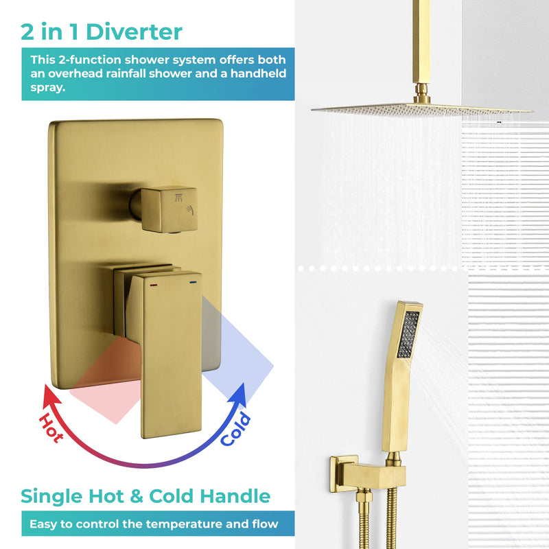 12-in Rain Shower System Dual Head Waterfall Built-In Shower System with 2-way Diverter
