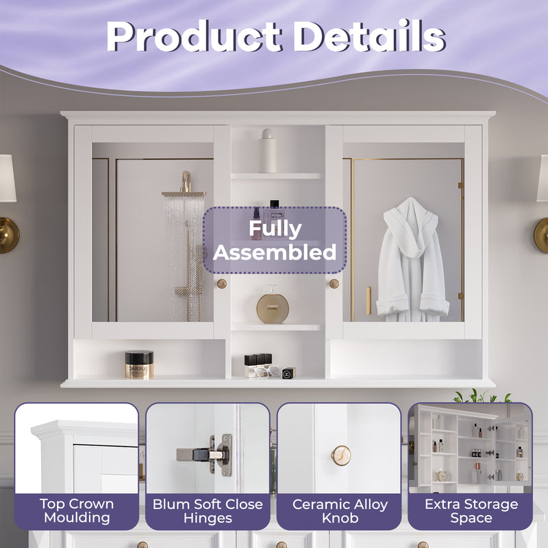 55 in. W x 35 in. H Rectangular Wood Frame Surface Mount Soft Close Medicine Cabinet with Mirror