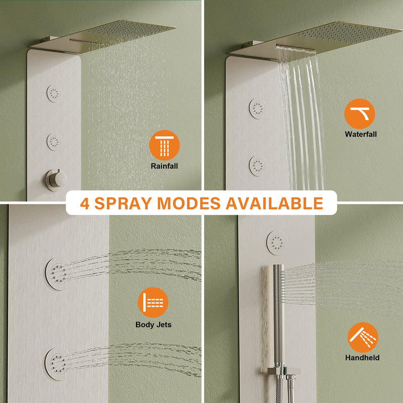 Luxury Thermostatic 4-Function Stainless Steel Shower System with Ultra-Thin Dual-Function Rainfall Head, Handheld, Body Jets