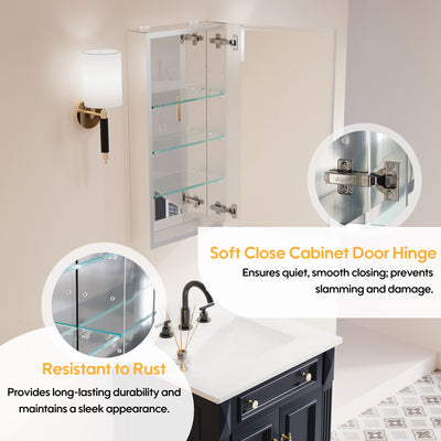 16 in. ×30 in. Copper-Free Tri-Views Mirror Medicine Cabinet with Adjustable Shelves and Right Swing Door