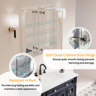 28 in. ×30 in. Copper-Free Tri-Views Mirror Medicine Cabinet with Adjustable Shelves and Dual Swing Doors