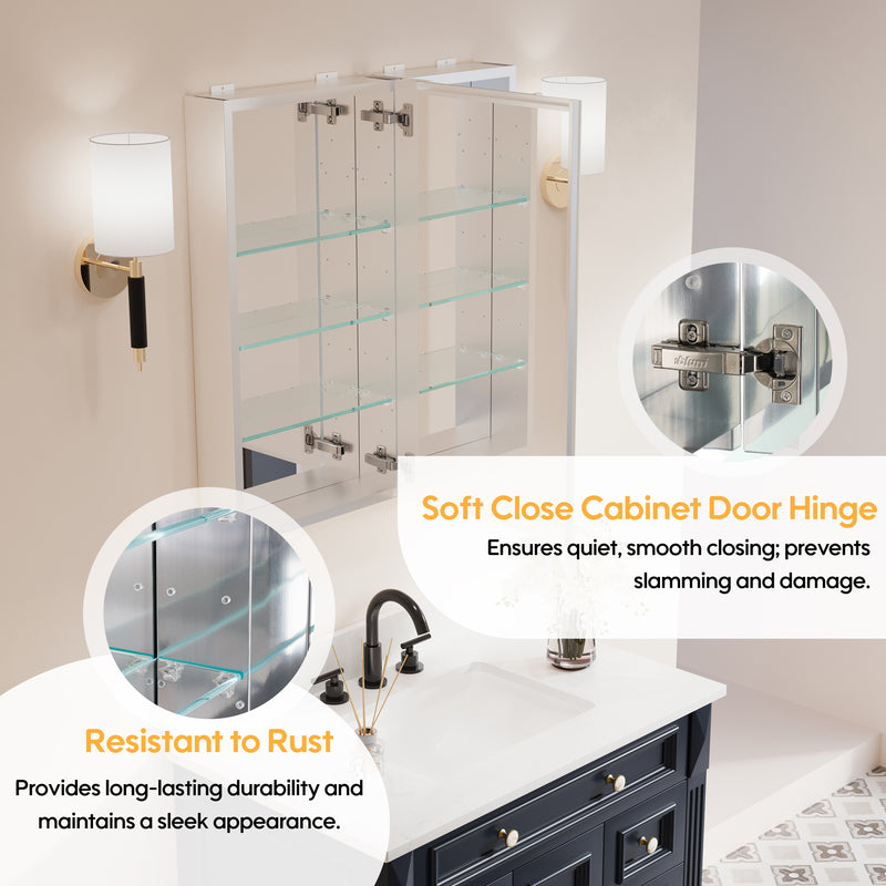 28 in. ×30 in. Copper-Free Tri-Views Mirror Medicine Cabinet with Adjustable Shelves and Dual Swing Doors