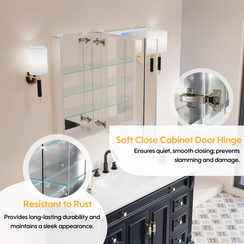 36 in. ×30 in. Copper-Free Tri-Views Mirror Medicine Cabinet with Adjustable Shelves and Dual Swing Doors