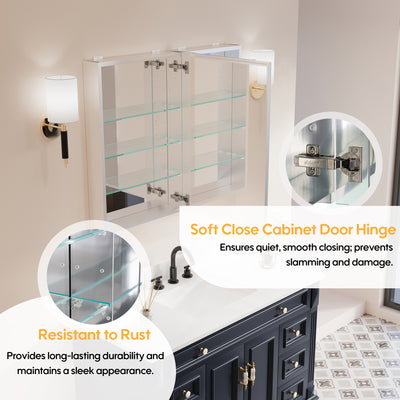 36 in. ×30 in. Copper-Free Tri-Views Mirror Medicine Cabinet with Adjustable Shelves and Dual Swing Doors