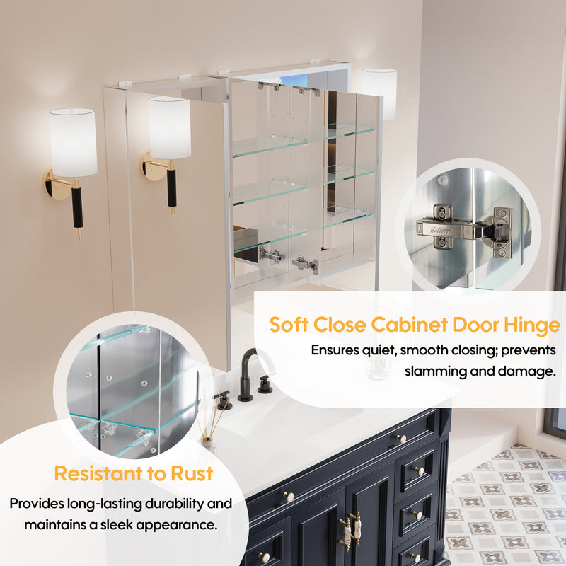 40 in. ×30 in. Copper-Free Tri-Views Mirror Medicine Cabinet with Adjustable Shelves and Dual Swing Doors