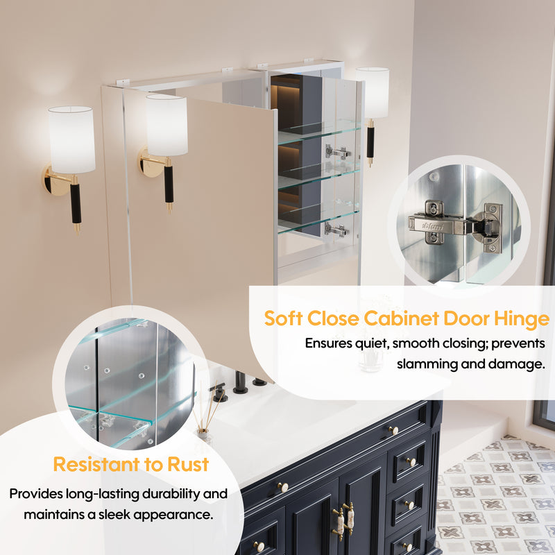 40 in. ×30 in. Copper-Free Tri-Views Mirror Medicine Cabinet with Adjustable Shelves and Dual Swing Doors