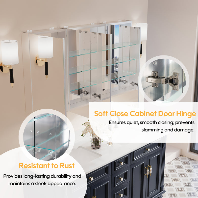 52 in. ×30 in. Copper-Free Tri-Views Mirror Medicine Cabinet with Adjustable Shelves and 3 Doors