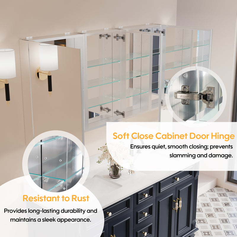 56 in. ×30 in. Copper-Free Tri-Views Mirror Medicine Cabinet with Adjustable Shelves and 3 Doors