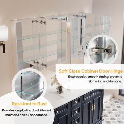 56 in. ×30 in. Copper-Free Tri-Views Mirror Medicine Cabinet with Adjustable Shelves and 3 Doors