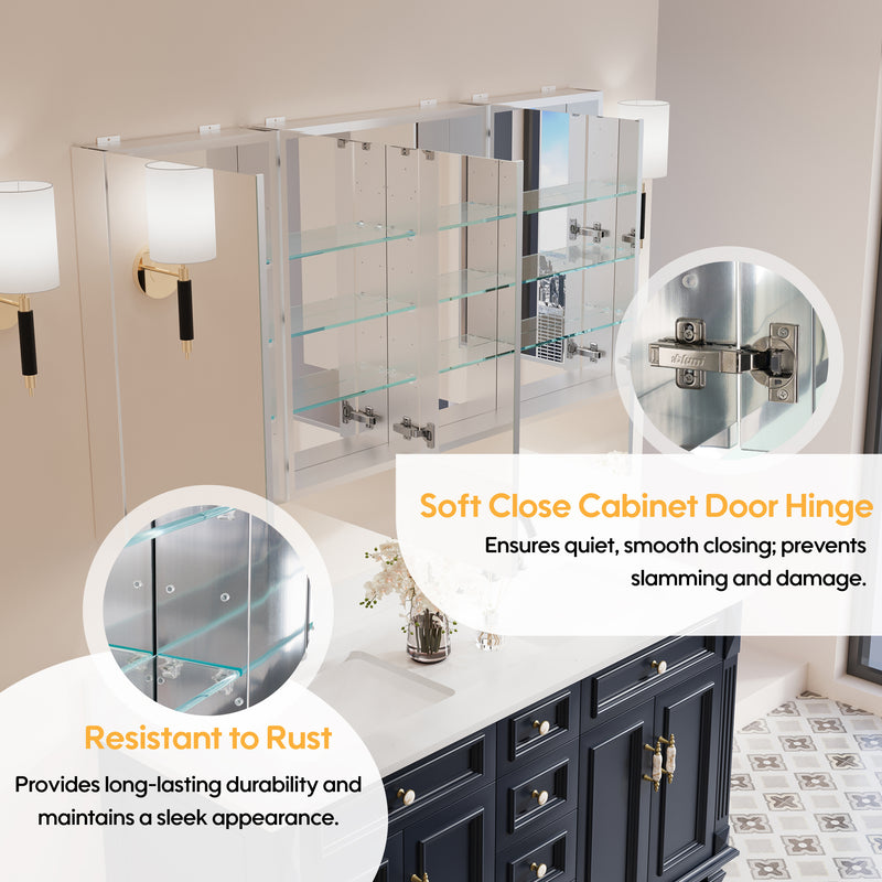 56 in. ×30 in. Copper-Free Tri-Views Mirror Medicine Cabinet with Adjustable Shelves and 3 Doors