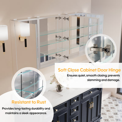 56 in. ×30 in. Copper-Free Tri-Views Mirror Medicine Cabinet with Adjustable Shelves and 3 Doors