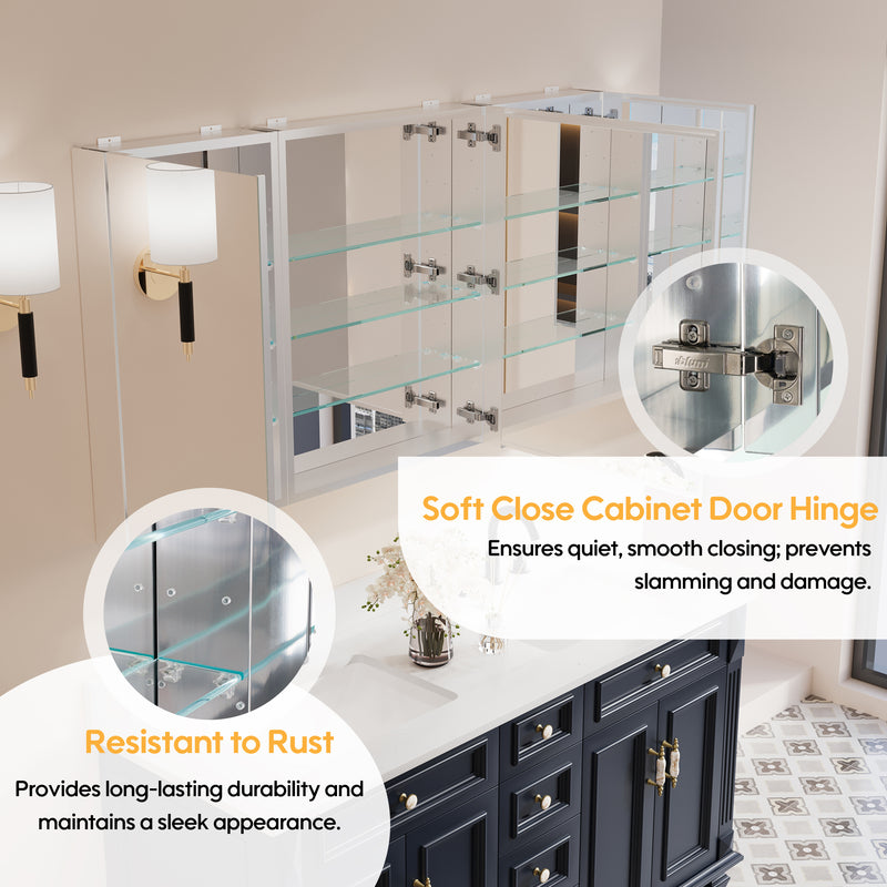 56 in. ×30 in. Copper-Free Tri-Views Mirror Medicine Cabinet with Adjustable Shelves and 3 Doors