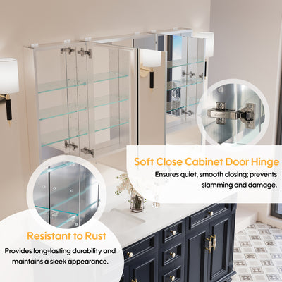 56 in. ×30 in. Copper-Free Tri-Views Mirror Medicine Cabinet with Adjustable Shelves and 3 Doors