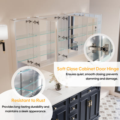 56 in. ×30 in. Copper-Free Tri-Views Mirror Medicine Cabinet with Adjustable Shelves and 3 Doors