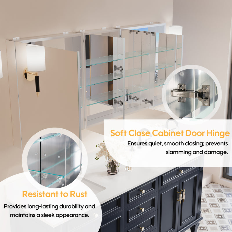 64 in. ×30 in. Copper-Free Tri-Views Mirror Medicine Cabinet with Adjustable Shelves and 3 Doors