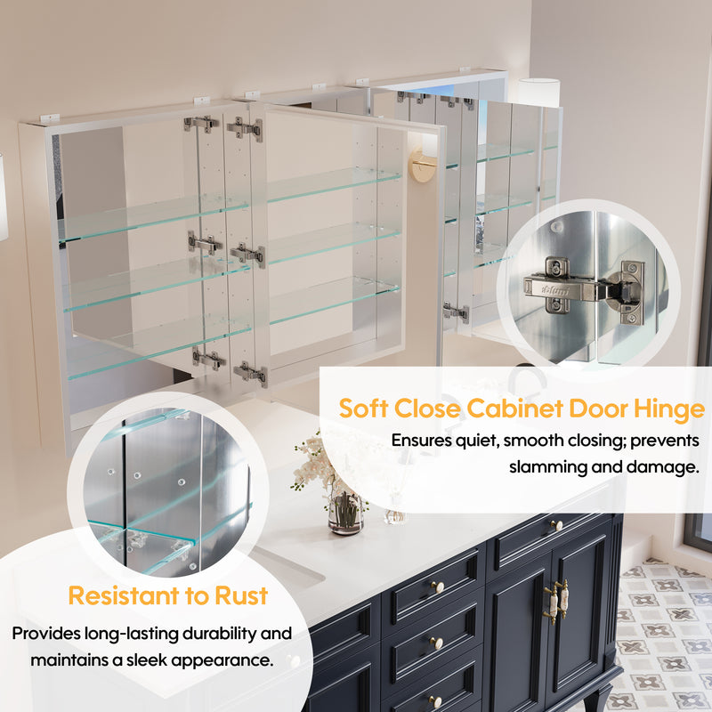 64 in. ×30 in. Copper-Free Tri-Views Mirror Medicine Cabinet with Adjustable Shelves and 3 Doors
