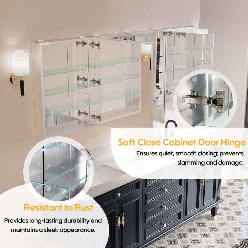 80 in. ×30 in. Copper-Free Tri-Views Mirror Medicine Cabinet with Adjustable Shelves and Dual Swing Doors