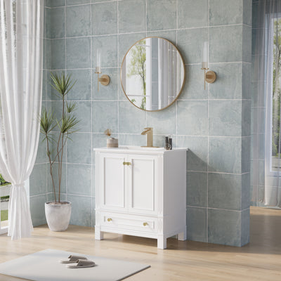 30 Inch Solid Wood Bathroom Vanity with cUPC Ceramic Basin, Soft-Close Doors, Gold Anodized Aluminum Handles