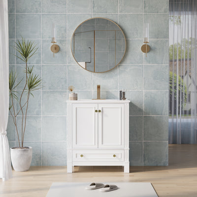 30 Inch Solid Wood Bathroom Vanity with cUPC Ceramic Basin, Soft-Close Doors, Gold Anodized Aluminum Handles