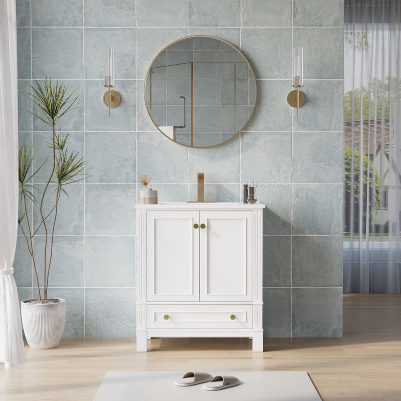 30 Inch Solid Wood Bathroom Vanity with cUPC Ceramic Basin, Soft-Close Doors, Gold Anodized Aluminum Handles