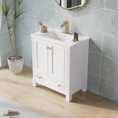 30 Inch Solid Wood Bathroom Vanity with cUPC Ceramic Basin, Soft-Close Doors, Gold Anodized Aluminum Handles