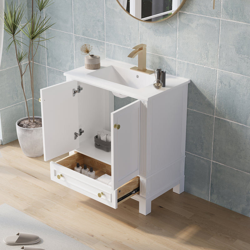30 Inch Solid Wood Bathroom Vanity with cUPC Ceramic Basin, Soft-Close Doors, Gold Anodized Aluminum Handles
