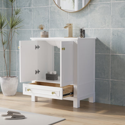 30 Inch Solid Wood Bathroom Vanity with cUPC Ceramic Basin, Soft-Close Doors, Gold Anodized Aluminum Handles