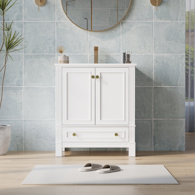 30 Inch Solid Wood Bathroom Vanity with cUPC Ceramic Basin, Soft-Close Doors, Gold Anodized Aluminum Handles