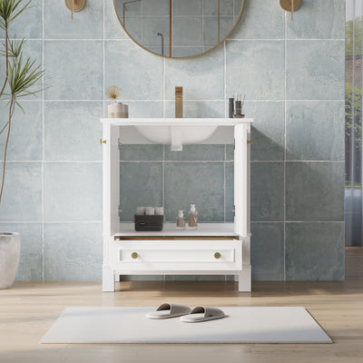 30 Inch Solid Wood Bathroom Vanity with cUPC Ceramic Basin, Soft-Close Doors, Gold Anodized Aluminum Handles