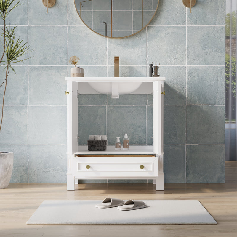 30 Inch Solid Wood Bathroom Vanity with cUPC Ceramic Basin, Soft-Close Doors, Gold Anodized Aluminum Handles