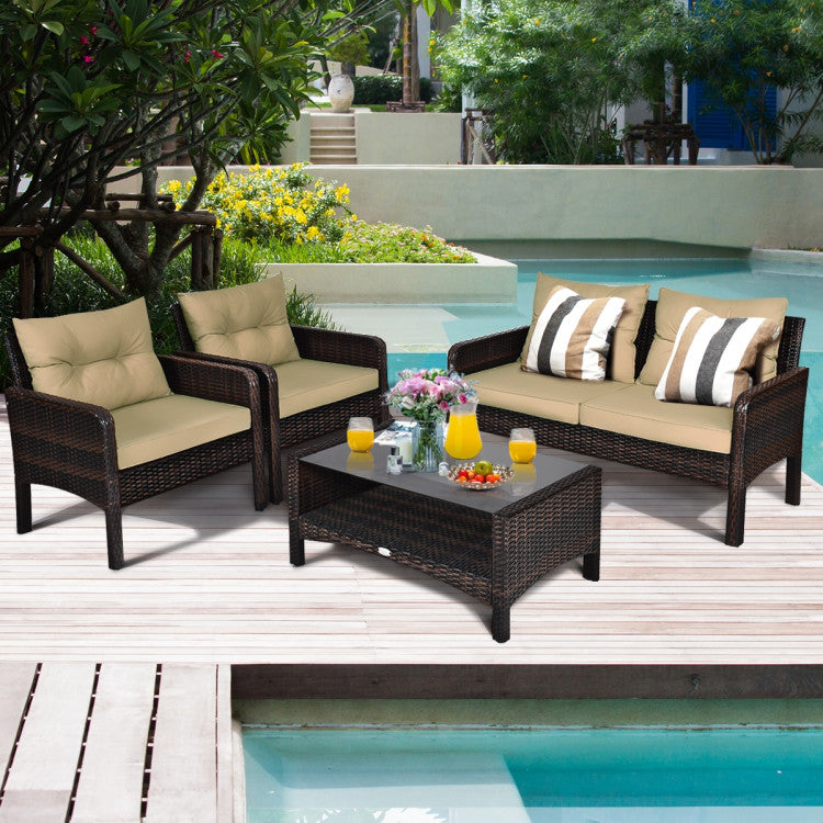 4 Pieces Patio Rattan Free-Combination Sofa Set with Cushion and Coffee Table