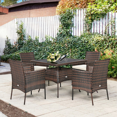 5 Pieces Tempered Glass Tabletop Wicker Patio Dining Set with 4 Armrest Chairs