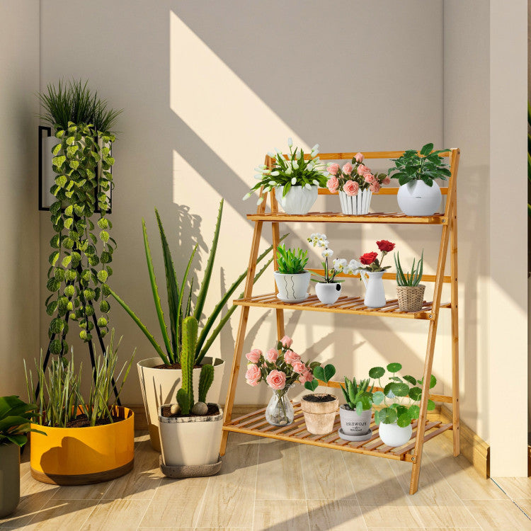 plant shelf with hanging bar 3-Tier Bamboo Foldable Plant Stand with Display Shelf Rack – Forclover