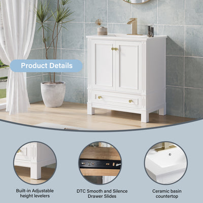 30 Inch Solid Wood Bathroom Vanity with cUPC Ceramic Basin, Soft-Close Doors, Gold Anodized Aluminum Handles