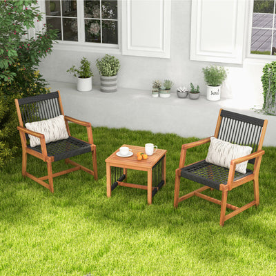 3 Pieces Acacia Wood Patio Furniture Set with Armchairs Coffee Table