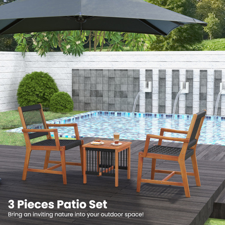 3 Pieces Acacia Wood Patio Furniture Set with Armchairs Coffee Table