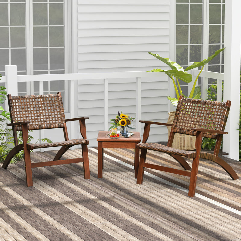 3 Pieces Outdoor Wooden Patio Rattan Furniture Set