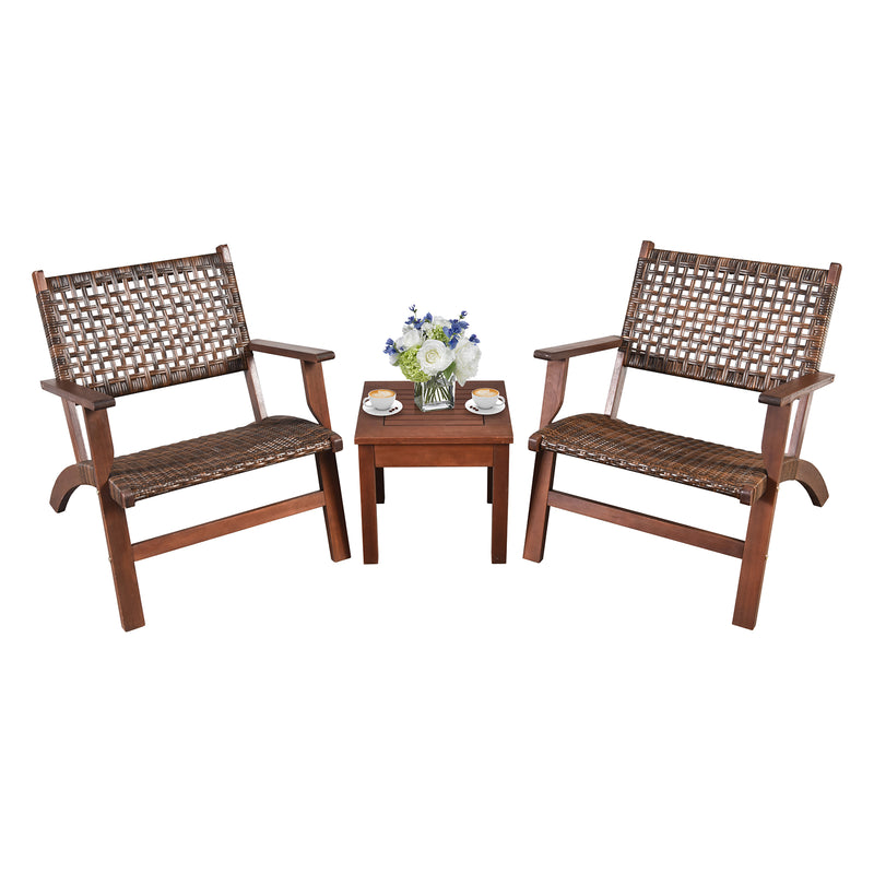 3 Pieces Outdoor Wooden Patio Rattan Furniture Set