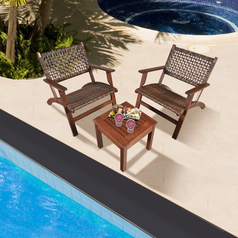 3 Pieces Outdoor Wooden Patio Rattan Furniture Set