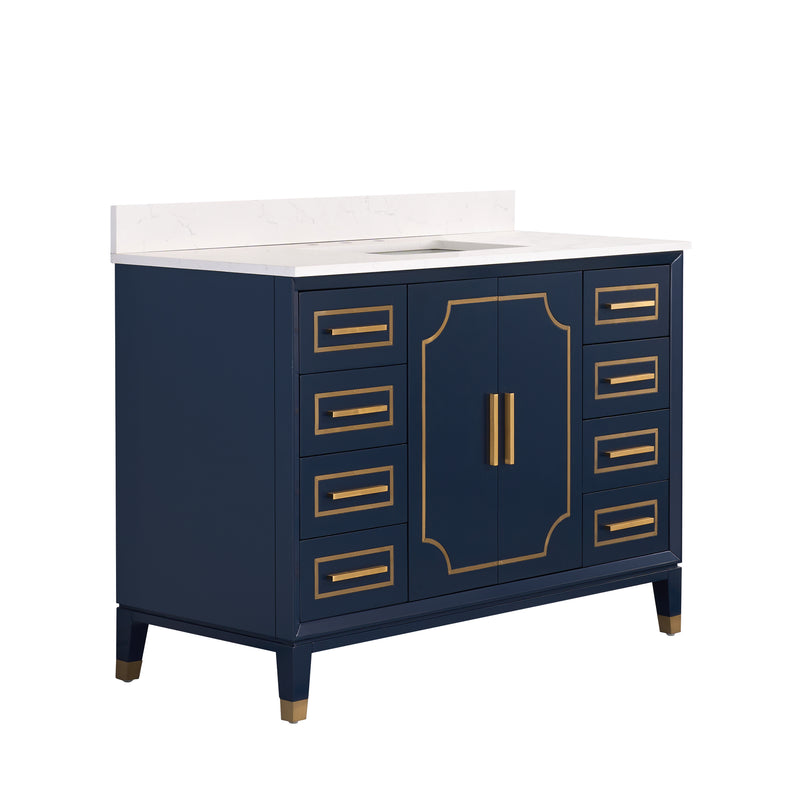 48 in. W x 22 in. D x 35 in. H Freestanding Bathroom Vanity in Navy Blue with Carrara White Quartz Vanity Top