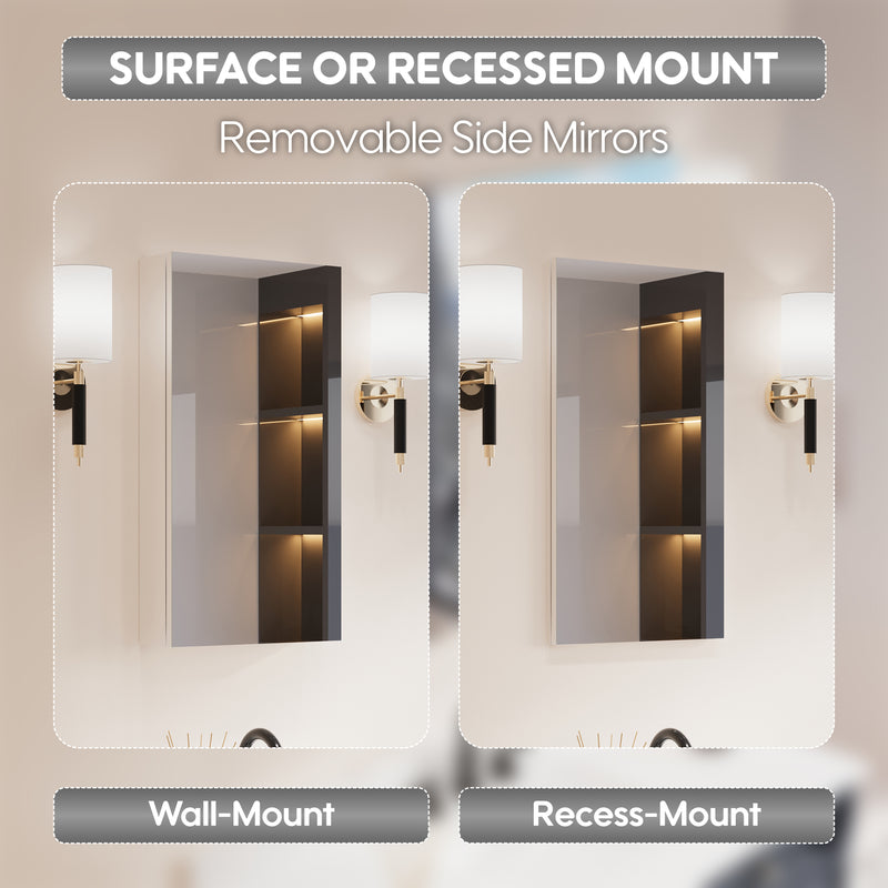 16 in. ×30 in. Copper-Free Tri-Views Mirror Medicine Cabinet with Adjustable Shelves and Right Swing Door