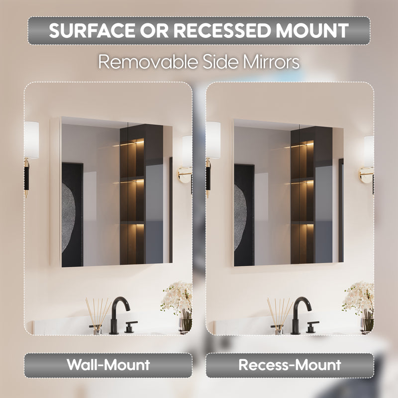 28 in. ×30 in. Copper-Free Tri-Views Mirror Medicine Cabinet with Adjustable Shelves and Dual Swing Doors