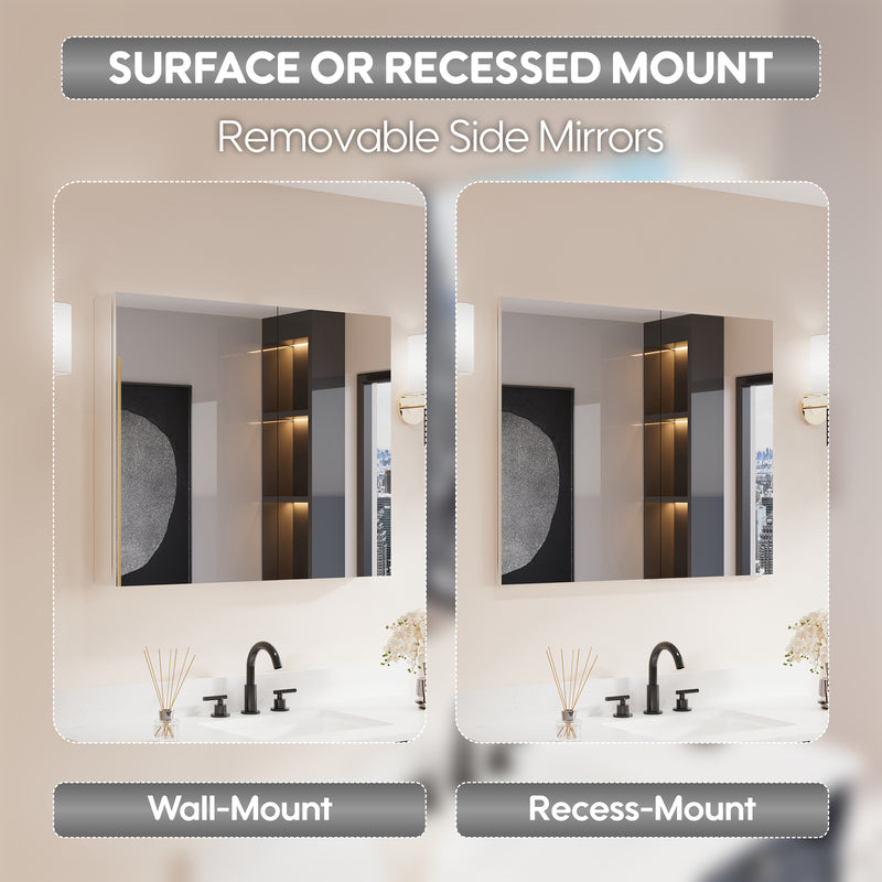 36 in. ×30 in. Copper-Free Tri-Views Mirror Medicine Cabinet with Adjustable Shelves and Dual Swing Doors