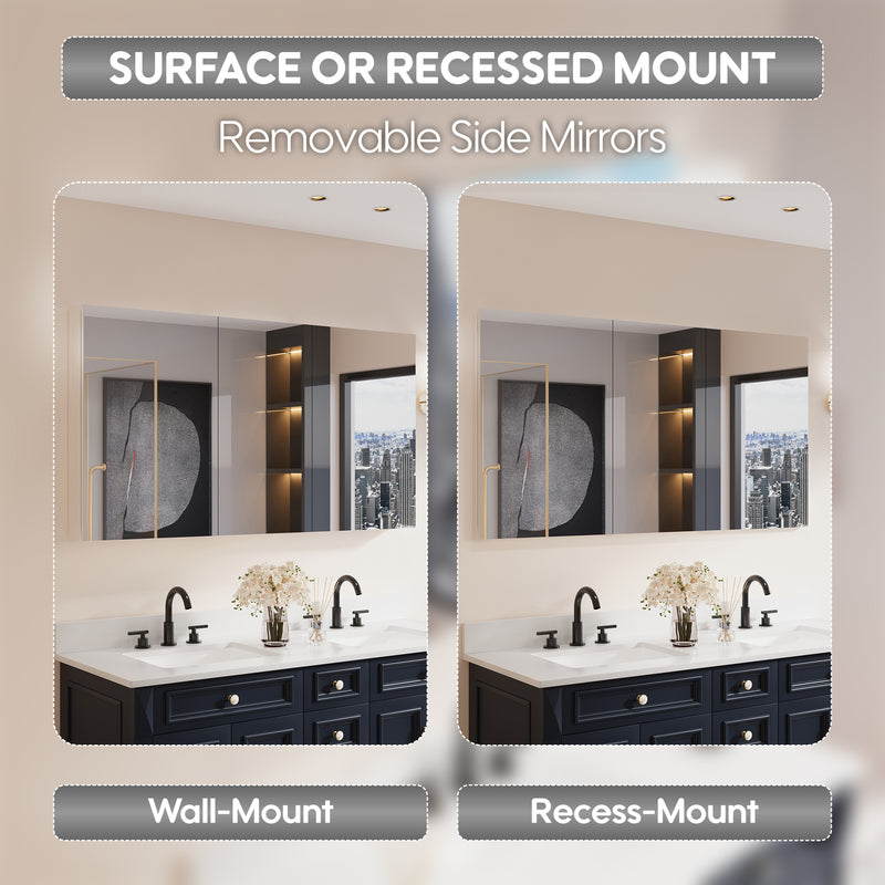 56 in. ×30 in. Copper-Free Tri-Views Mirror Medicine Cabinet with Adjustable Shelves and 3 Doors