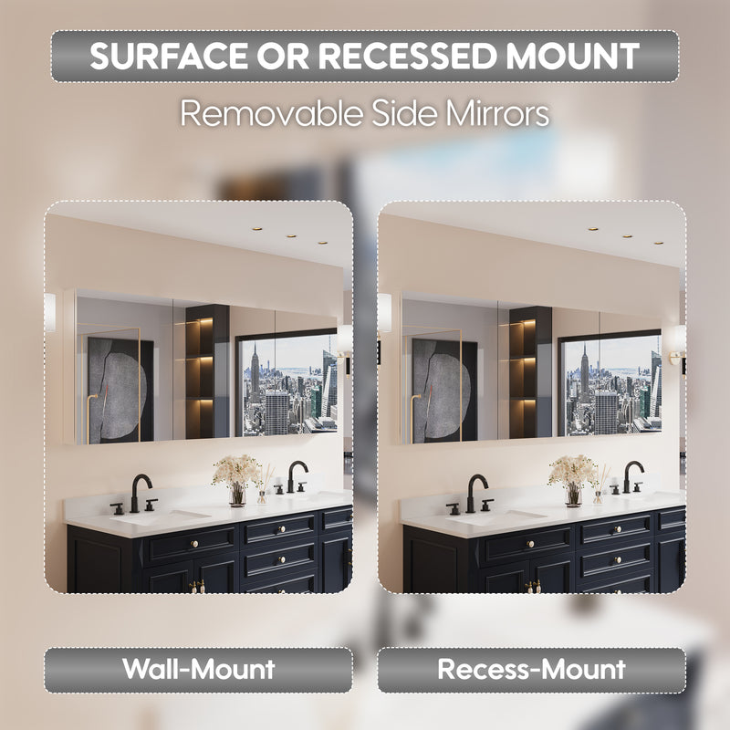 80 in. ×30 in. Copper-Free Tri-Views Mirror Medicine Cabinet with Adjustable Shelves and Dual Swing Doors