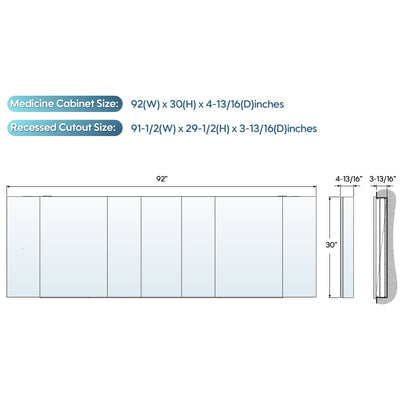 92 in. ×30 in. Copper-Free Tri-Views Mirror Medicine Cabinet with Adjustable Shelves and 7 Doors