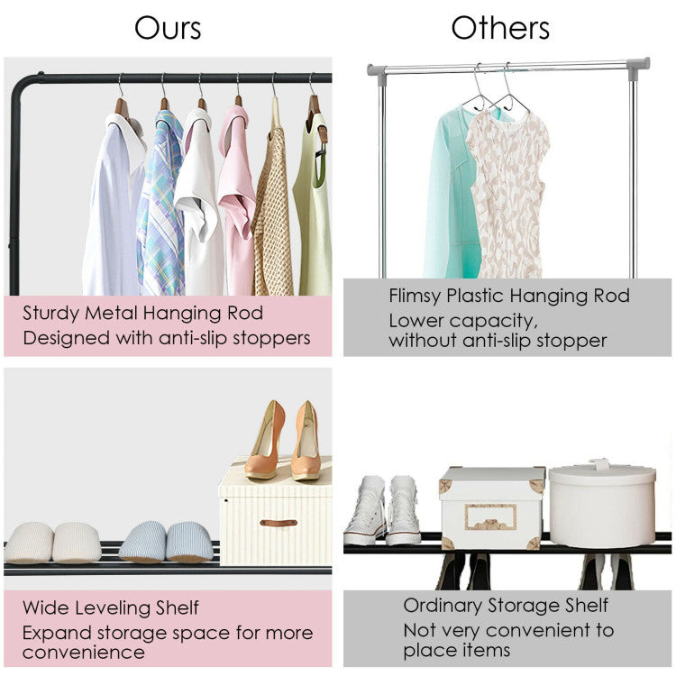 Heavy Duty Clothes Stand Rack with Top Rod and Lower Storage Shelf