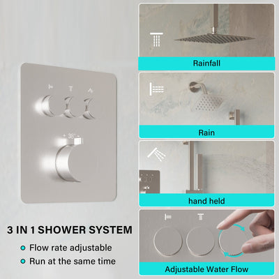 3-Function 10" Stainless Steel Shower System with Dual Mounting Options Wall-Mounted & Ceiling-Mounted, Sliding Bar