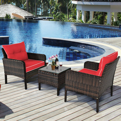 3 Pieces Outdoor Patio Rattan Conversation Set with Seat Cushions