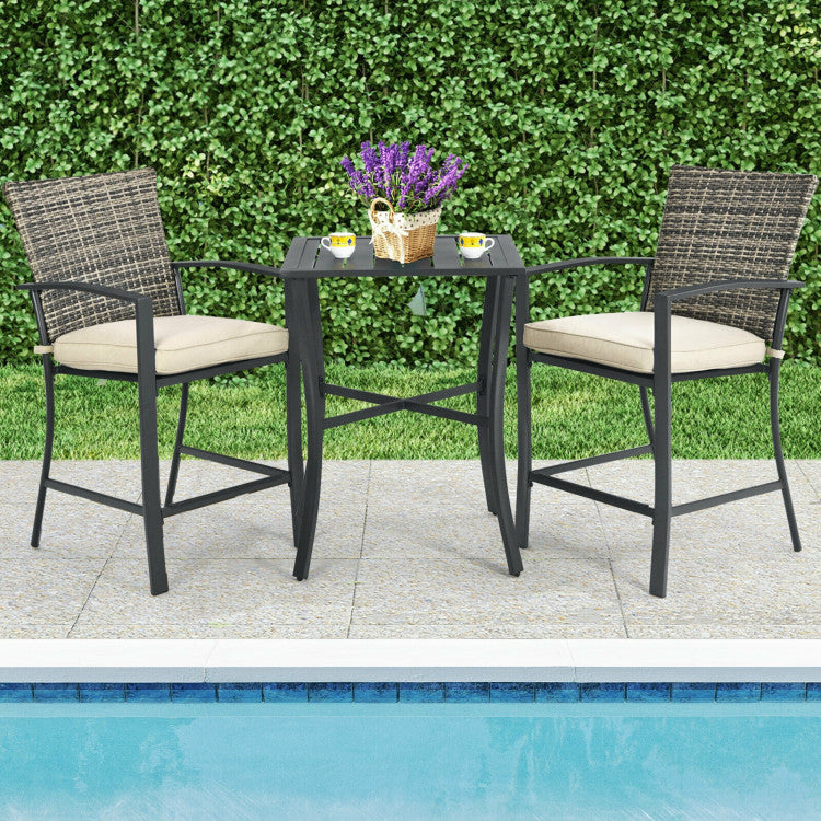 3 Pieces Rattan Bar Furniture Set with Slat Table and 2 Cushioned Stools